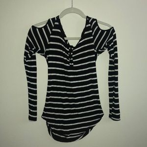 black and white striped open shoulder long sleeve
